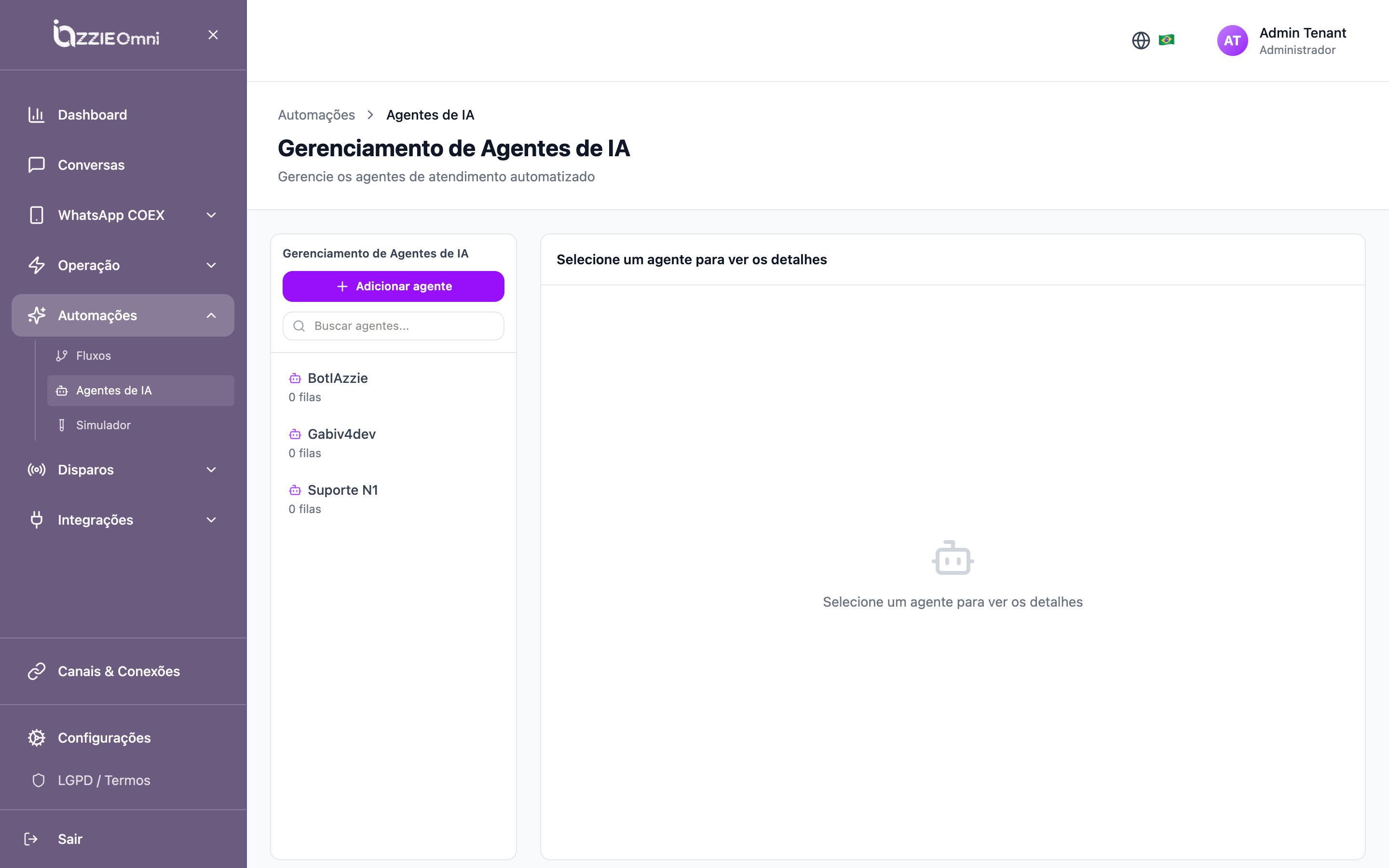 Gerenciamento de agentes de IA com a lista de agentes e suas filas