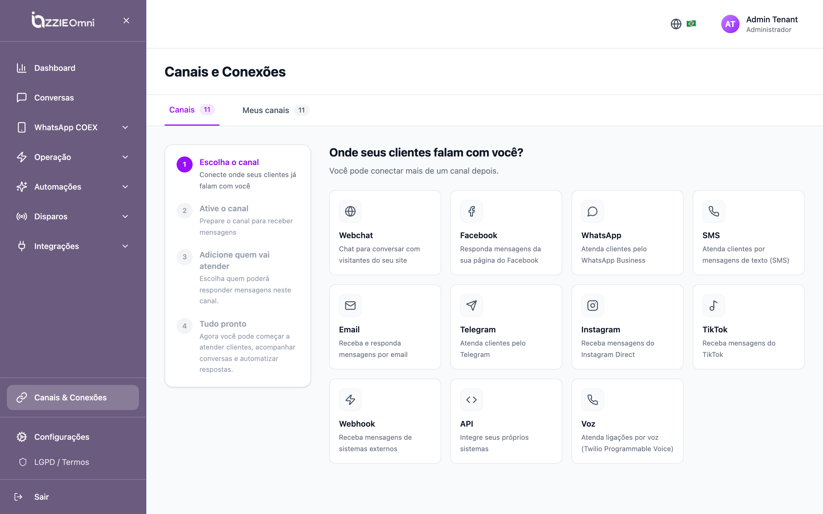 Canais e conexões: webchat, Facebook, WhatsApp, SMS, e-mail, Telegram, Instagram, TikTok, webhook, API e voz