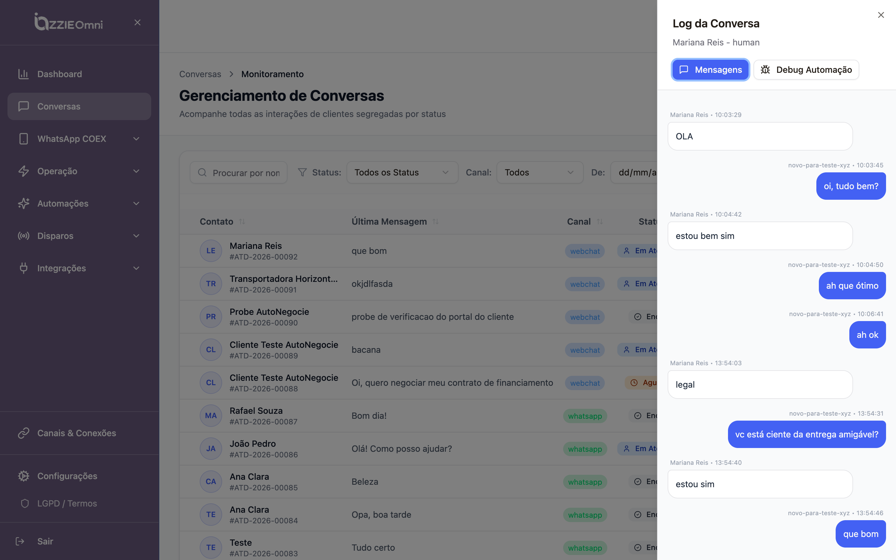Log da conversa com abas Mensagens e Debug Automação