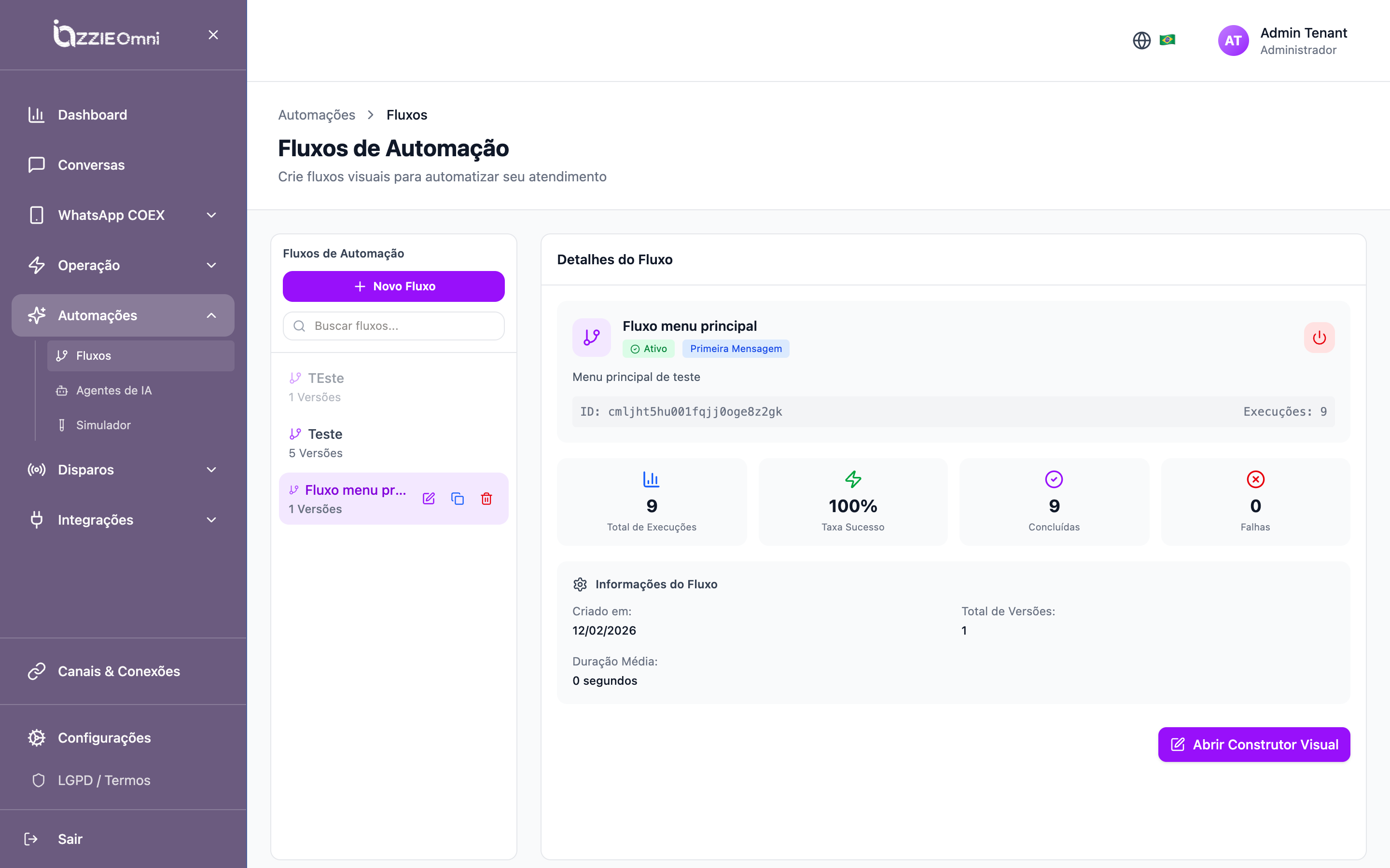 Fluxos de automação com detalhes do fluxo: execuções, taxa de sucesso e construtor visual