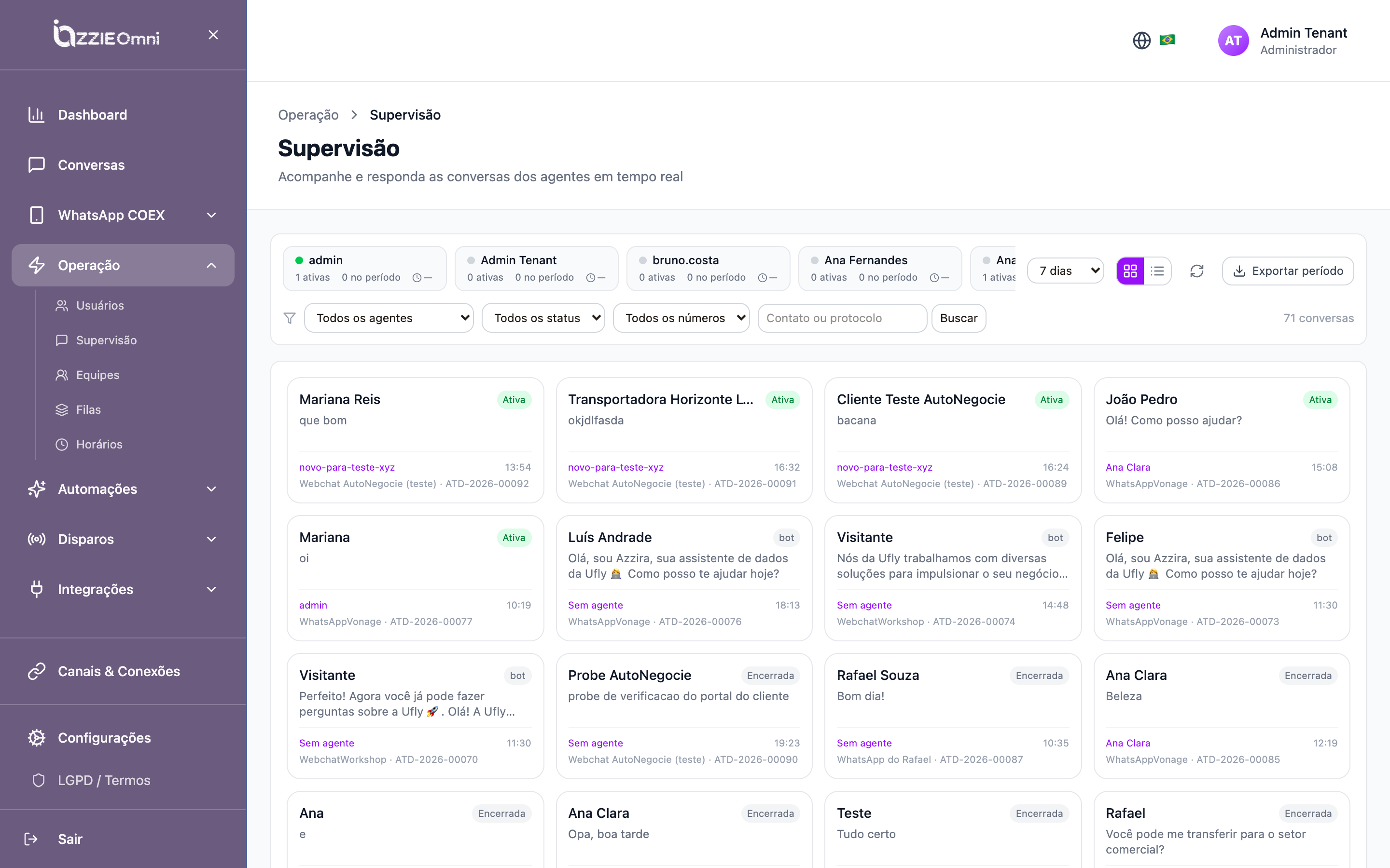 Supervisão: cards de conversas por agente com status ativo, bot e encerrada